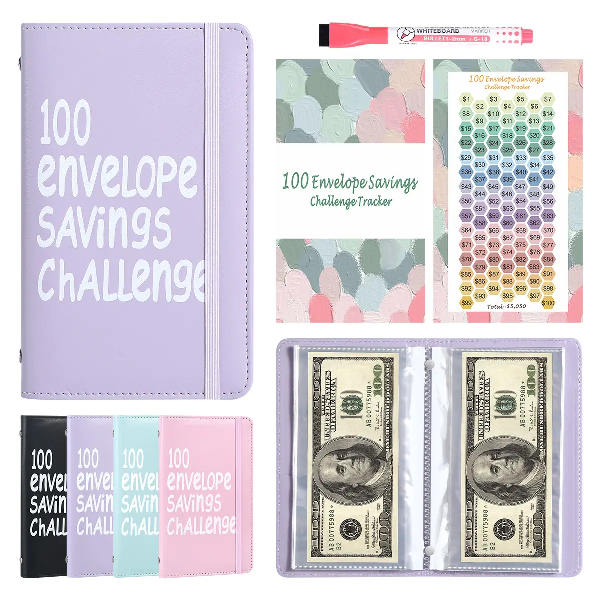 100 Envelopes Money Saving Challenge - A5 Money Saver Budget Binder Book with Cash Envelopes, Savings Tracker Card, Pen, 100-Days of Easy and Fun Ways to Save $5,050 Cash Envelope Challenge Binder, Perfect for Building Smart Money Habits