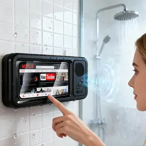 Waterproof box speaker, phone holder Bluetooth speaker audio shower TV holder, IPX5 Waterproof Degree, kitchen, bathroom, sink bathroom waterproof 360 ° rotating touch screen, Bluetooth speaker, listen to music hands-free speakerphone Compact Smartphone