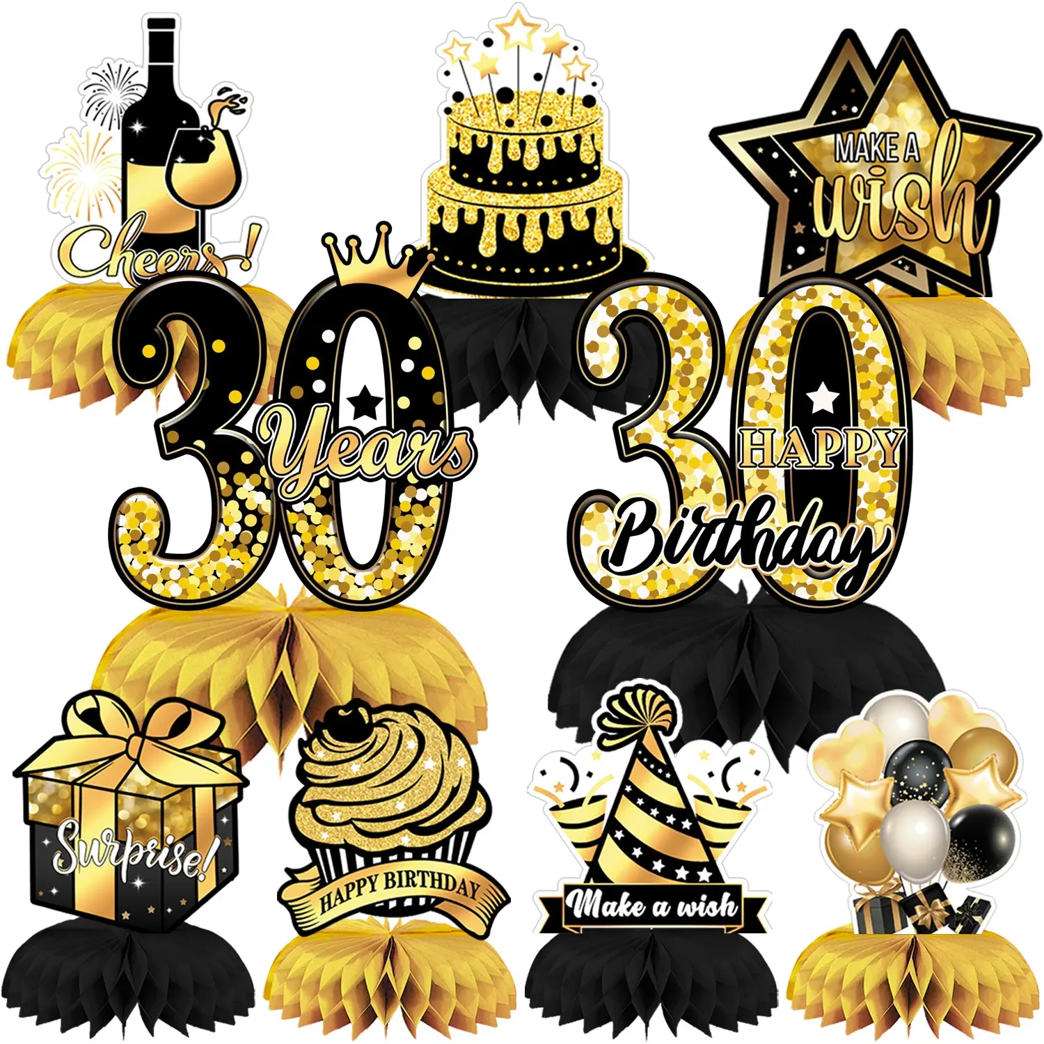 9 Pcs 3D Black Gold 30th Birthday Centerpiece Decorations Table Decor for Party Cheers to 30 Years Celebration Supplies