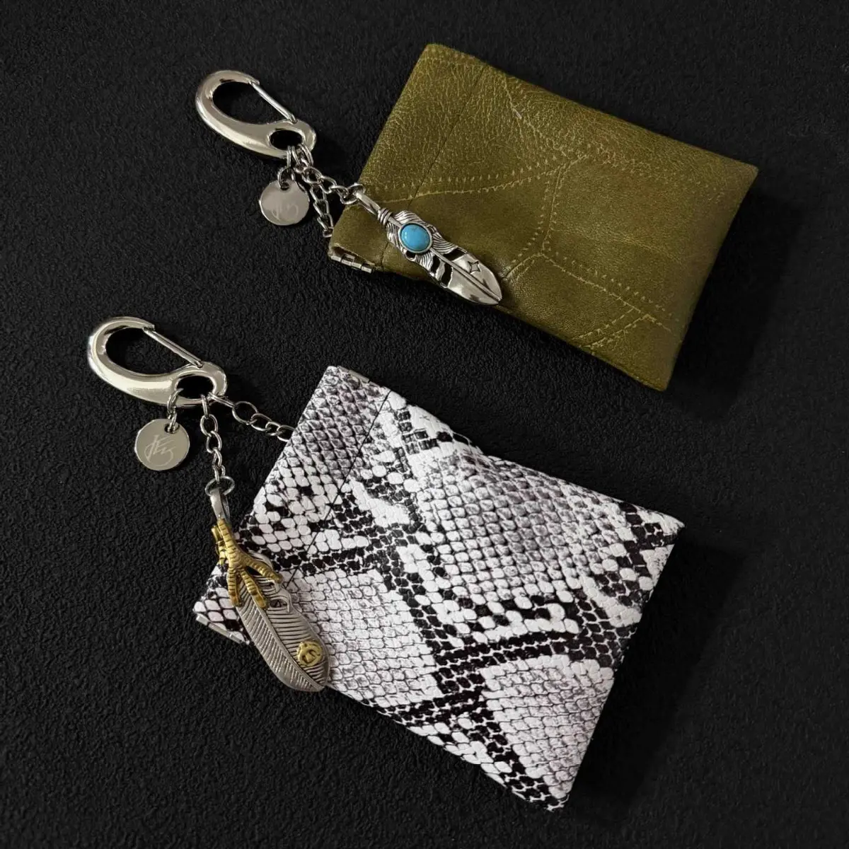 Boho Snake Skin Card Holder with Turquoise Accent, Portable Keyring, Bag Charm for Women