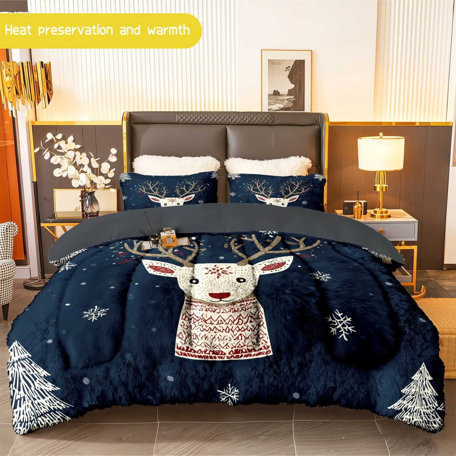 3pcs (1 comforter + 2 pillowcases) Reindeer Pattern Flannel & Milk Velvet Comforter Set, Soft Warm Cozy Bedding Set, Trendy Winter Bedding Essentials