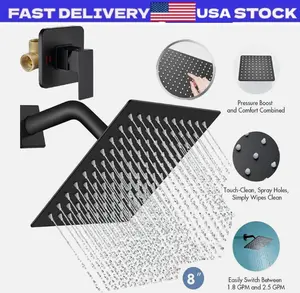 Black Shower Faucet Set 8"Rainfall Shower Head Combo System with Mixer Valve Kit