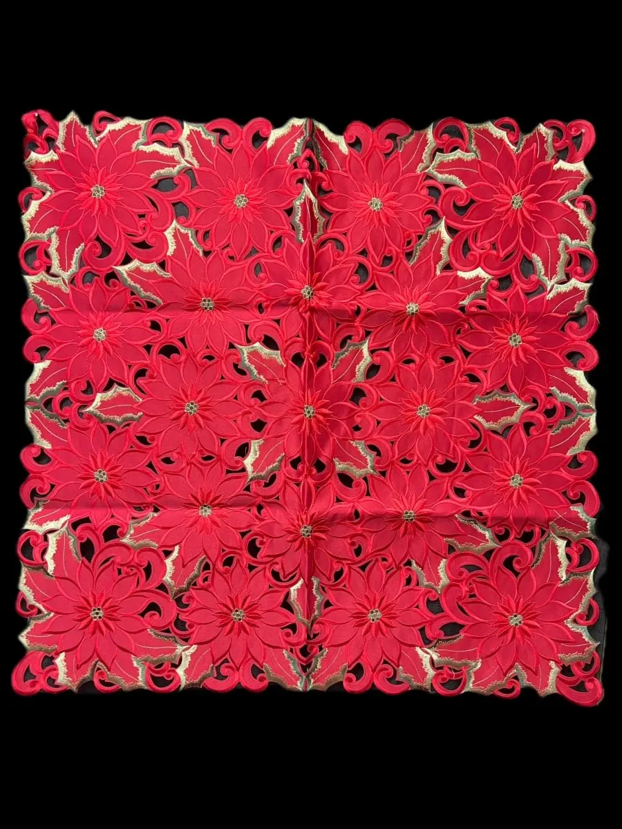 Jiallo 9251/36SQ Poinsettia and Green Leaf Embroidered Cutwork Square tablecloth, 36 inch Square