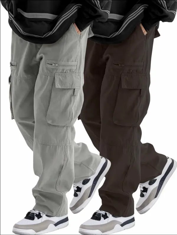 Men's Loose Solid Pocket Drawstring Waist Cargo Pants, Unisex Casual Comfy Zipper Cargo Pants for Daily Outdoor Wear, Women Woven Bottoms for All Seasons Adjustable Waist Pants