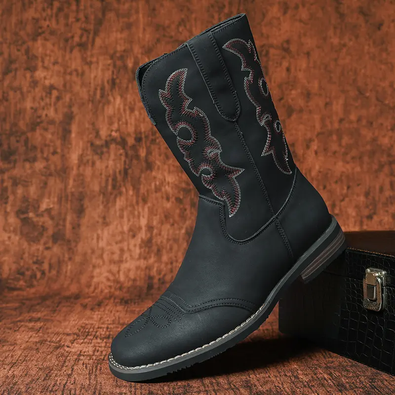 Men’s retro casual square-toe cowboy boots, classic embroidery with soft PU leather, comfortable stylish rubber outsole for everyday wear
