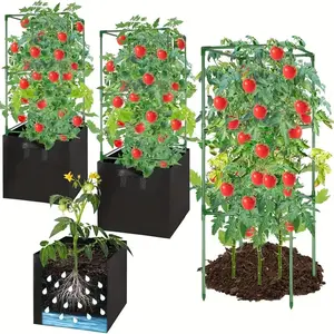 Breathable Gardening Plant Bags Set, Tomato Cage with 17 Gallon Plant Bag, Square Tomato Plant Support Stand for Climbing Vegetables