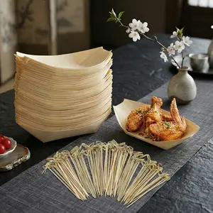 Wooden Boat Tray with Bamboo Sticks, Disposable Party Snack Plate, Perfect for Appetizers & Cheese, Wedding Outdoor Events, Perfect for Parties, 25/50/100 Pieces