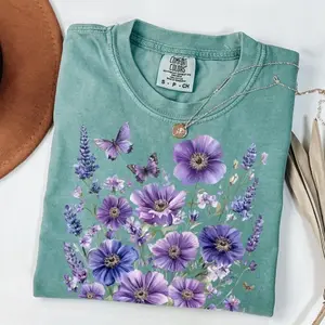 Comfort Colors Lavender Floral Tee, Butterfly Garden TShirt, Purple Flower And Butterfly T-Shirt, Soft and Spiritual Tee, Purple Petals TShirt