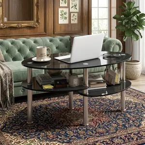 Oval Tempered Glass Sofa Side Table Heavy Duty Metal Base Coffee Table With Lower Storage Shelf Space Saving Accent End Table For Home Living Room Decor