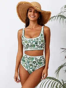 Women's Fresh Green Floral Two Piece Swimsuit, Zigzag Edge Square Neck + High Waist Brief, Retro Slimming Swimwear one swimsuits  2  piece
