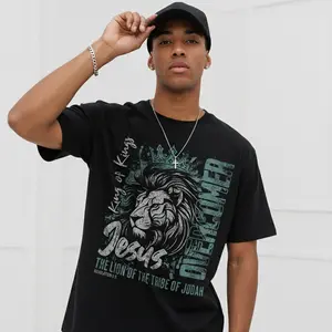 Men's Jesus Lion of Judah Graphic T-Shirt - 100% Cotton Black Short Sleeve Crew Neck Regular Fit Casual Wear | Soft & Breathable Fabric, Durable Print, Everyday Comfort, Machine Washable, graphic religious faithful symbol