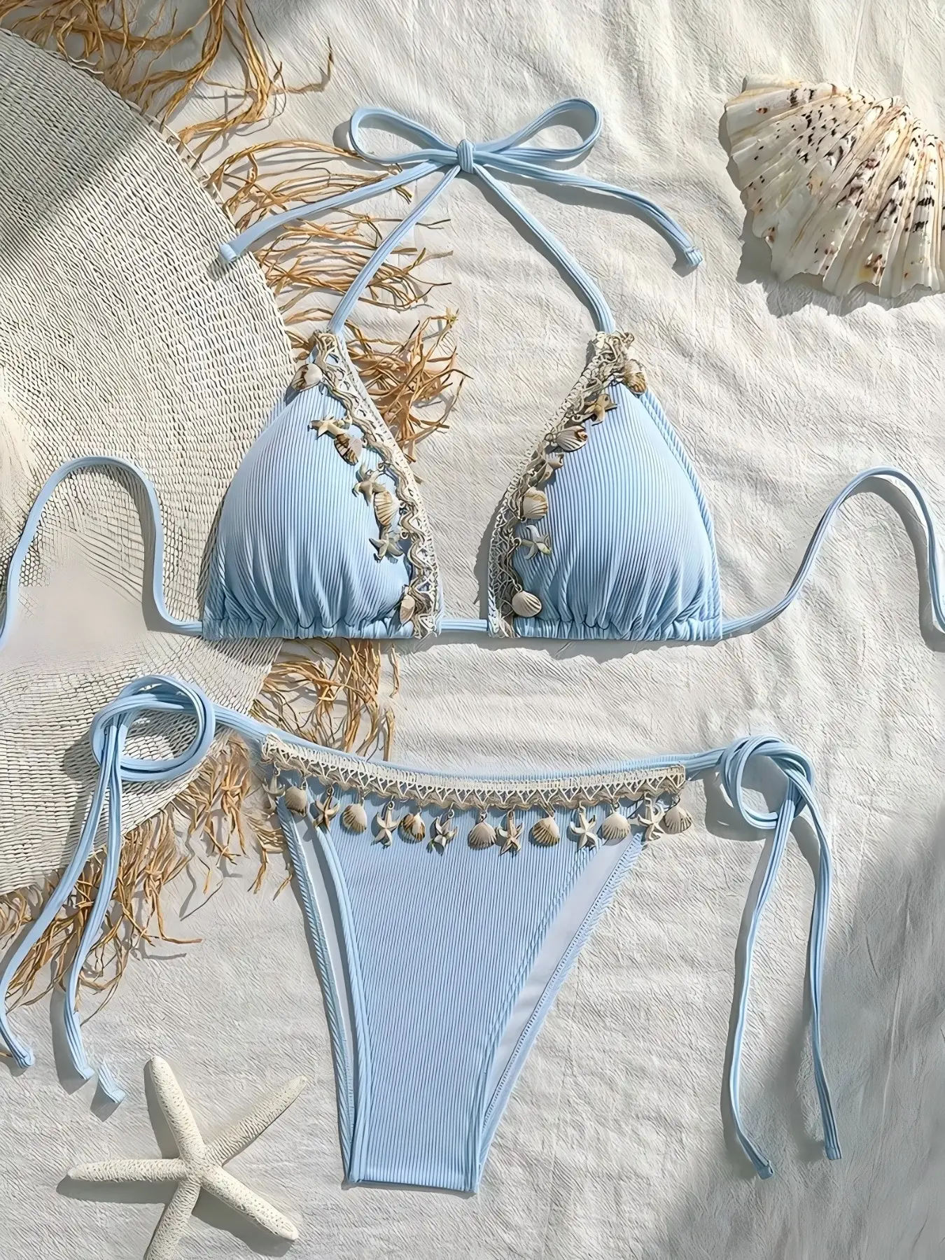 Women's Shell Summer Bikini Beach Set, Swimsuit Style Bikini, Bikini Swimwear Set, Bikini Beachwear, Chic Swimsuit Set, High Stretch Fabric, Bikini Sets, Includes Triangle Top and Side Tie Swim Pants