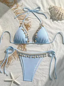 Women's Shell Beach Bikini Set, Swimsuit Style Bikini, High Stretch Fabric, Includes Triangle Top and Side Tie Swim Pants