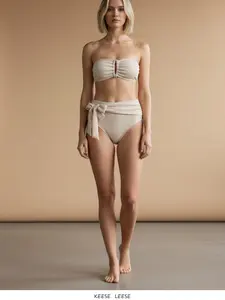 Women's Faux Pearls Decor High Waist Bikini Set - Plain Ruched Knot Two Piece Swimwear for Beach Holiday
