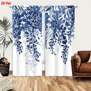2D Flat Watercolor Blue Leaf Foliage Curtain 2-Piece Set, Delicate Botanical Cascading Leafy Curtains, Light Blue Decorative Drape for Living Room Bedroom, Plain White Background Soft Muted Shades, Floral Botanical Art Design, Window Curtain