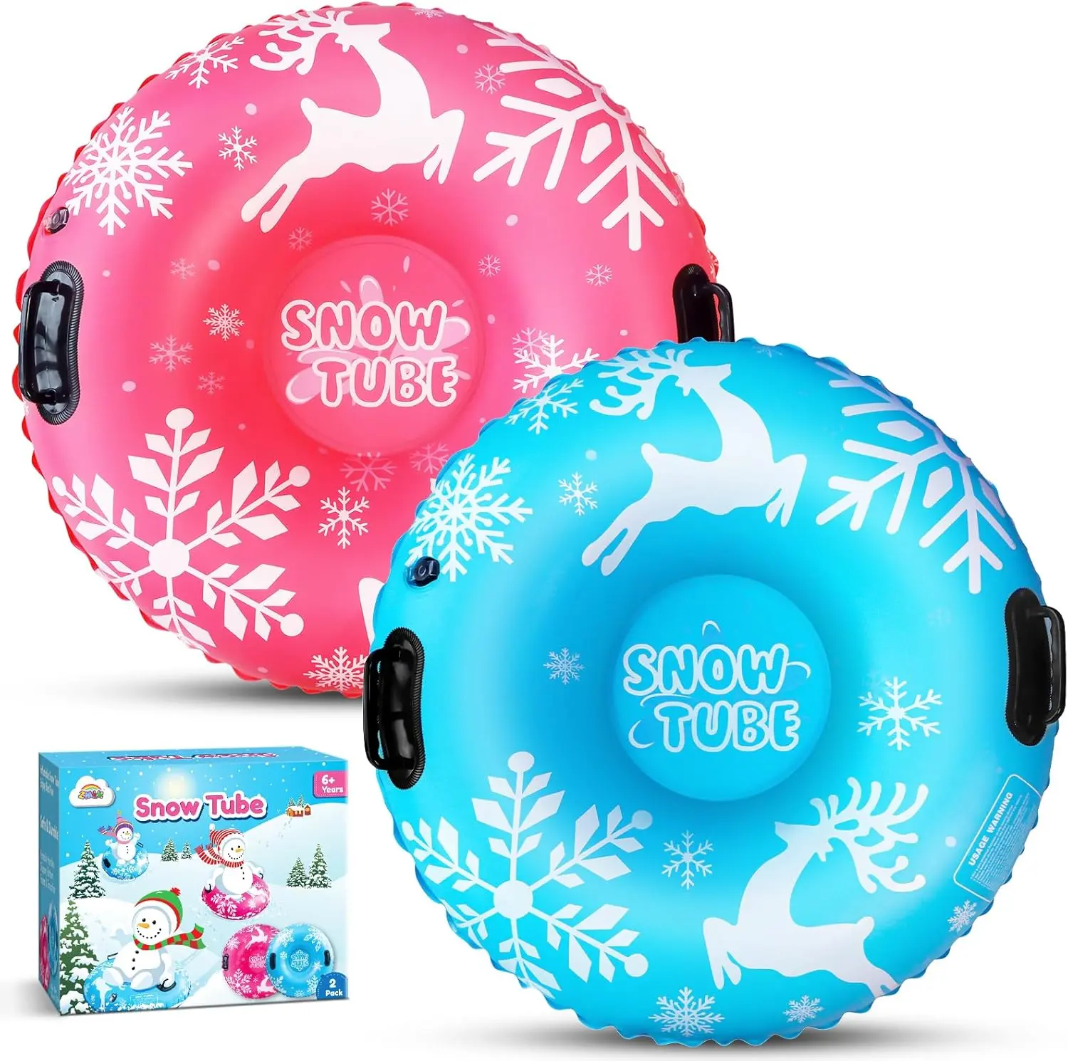 ZMLM Snow Tubes for Kids, Plastic Snow Sleds with Handles, Inflatable Blow Up Sled Set for Sledding, 2 Pack 36” Snow Tube Heavy Duty, Winter Outdoor Christmas Toys for Boys Girls Ages 6 7 8 9 10