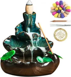 Cute Ceramic Backflow Incense Holder Waterfall Incense Burner with 48 Incense Cones and 30 Incense Stick, Incense Fountain for Home Decor, Desk Decor (Cyan)