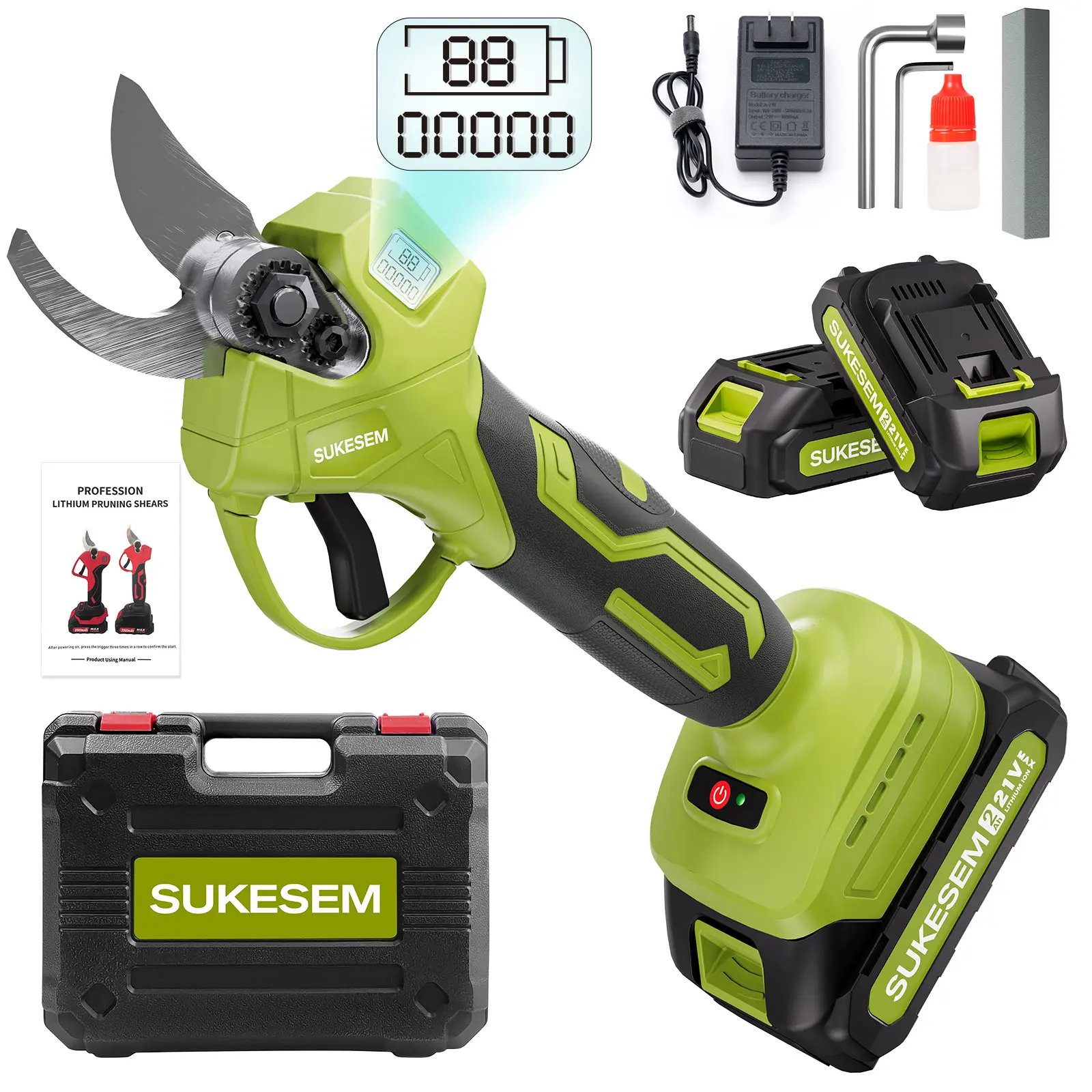 SUKESEM Cordless Electric Pruning Shears, 1.6 Inch Heavy Duty Branch Cutter, 21V Battery Powered Garden Pruner with LCD Display for Tree Trimming, Flower Cutting, Yard Work
