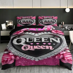 Valentine's Day Luxury Duvet Cover Set, Heart and Queen Letter Print, Soft Comfort Bedding, Includes 1 Duvet + 2 Pillowcases, Home Decor, Bedroom Bedding Set