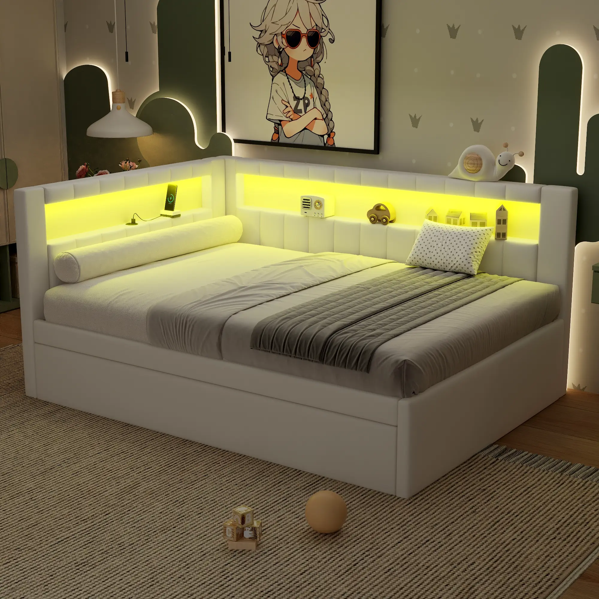 Full Size Daybed with Trundle, Corner Bed with Storage Shelf, USB Ports & LED Belt, Full Platform Bed Frame, No Spring Box Needed, for Corner, Living Room, Home Office, White