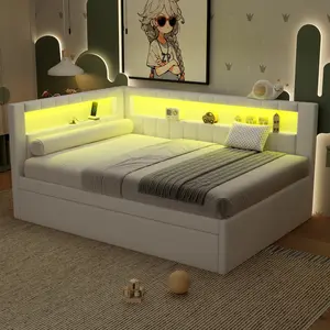 Full Size Daybed with Trundle, Corner Bed with Storage Shelf, USB Ports & LED Belt, Full Platform Bed Frame, No Spring Box Needed, for Corner, Living Room, Home Office, White