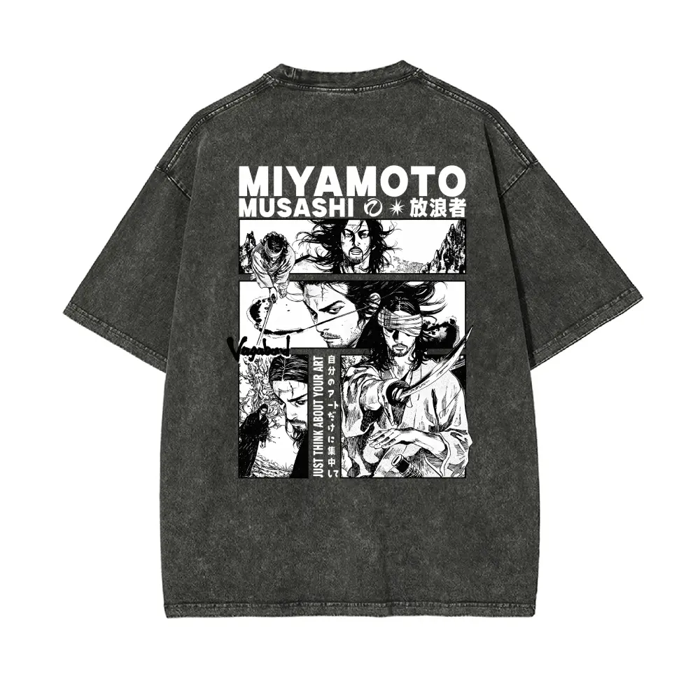 "MIYAMOTO MUSASHI" Samurai Manga Panel Unisex Plus Size Summer Graphic Tees Personalized Pattern Y2k Clothing Round Neck Short-Sleeved Washed T-Shirt,Women's Clothing 100% Cotton, Menswear, Top, Vintage Style, Casual Oversized
