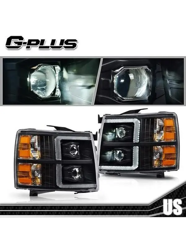 G-PLUS LED Car Headlights with DRL, Projector Headlight Replacement for 07-13 Chevy Silverado 1500/2500/3500 Truck (Black Housing)