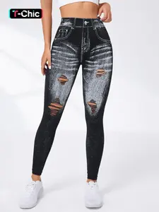 Women's Denim-Effect Print High Waist Sports Stretchy Leggings, Casual Comfy Cut Out Skinny Pants for Yoga Gym Workout Running, Ladies Sportswear Bottoms for All Seasons