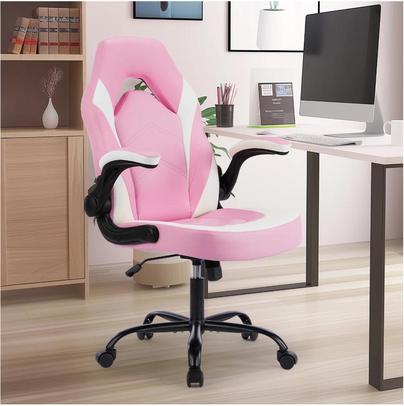 Ergonomic PU Leather Computer Gaming Chair, Adjustable Swivel Racing Chair with Flip-up Armrest, Pink White