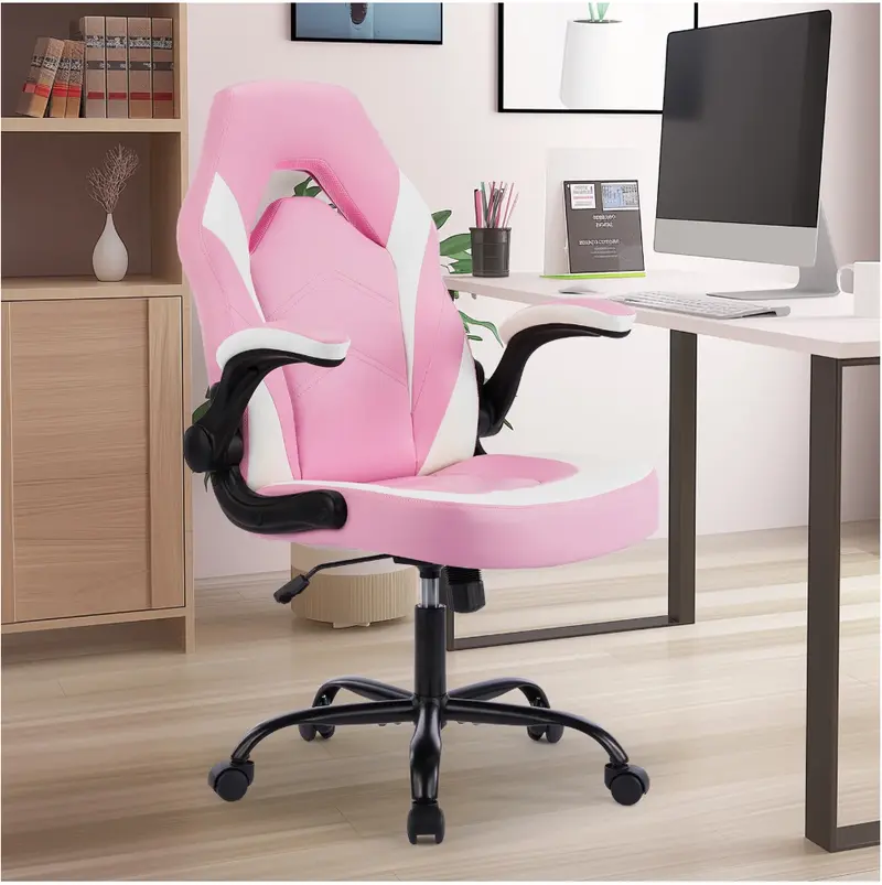 Ergonomic PU Leather Computer Gaming Chair, Adjustable Swivel Racing Chair with Flip-up Armrest, Pink White