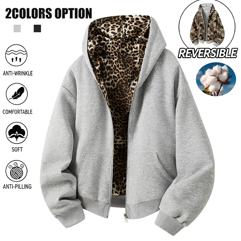 Women’s reversible zip-up hoodie jacket with leopard lining, designed for wear both ways; loose drop-shoulder cropped hooded cardigan; soft, comfortable, wrinkle-resistant, and anti-pilling—streetwear-inspired casual women’s top for everyday wear.