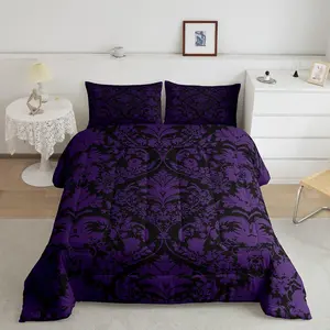 Adult Purple Black Damask Comforter Set Gothic Antique Victorian Baroque Bedding Set Boho Vintage Floral Flower Comforter
