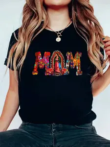 Our Lady Of Guadalupe Catholic Virgin Mary Mexican Mom T-Shirt Print Women's Round Neck Short Sleeve T-Shirt Fashion Graphic Tees Women Top