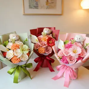 Romantic Realistic Flower Bouquet with Teddy Bear, Artificial Bouquets, Perfect Birthday Gift, Valentine's Day, Mother's Day Present, Long-Lasting Bloom