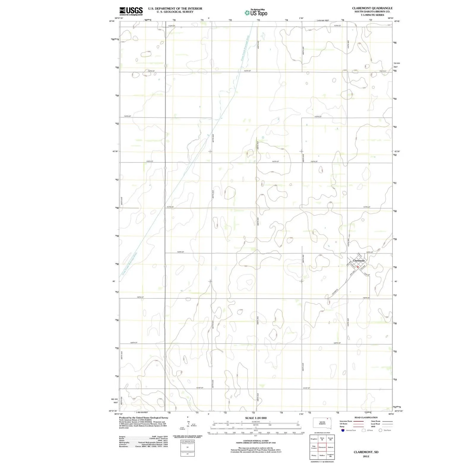 Claremont South Dakota USGS Topographic Quadrangle Map, 2012, 1:24000
