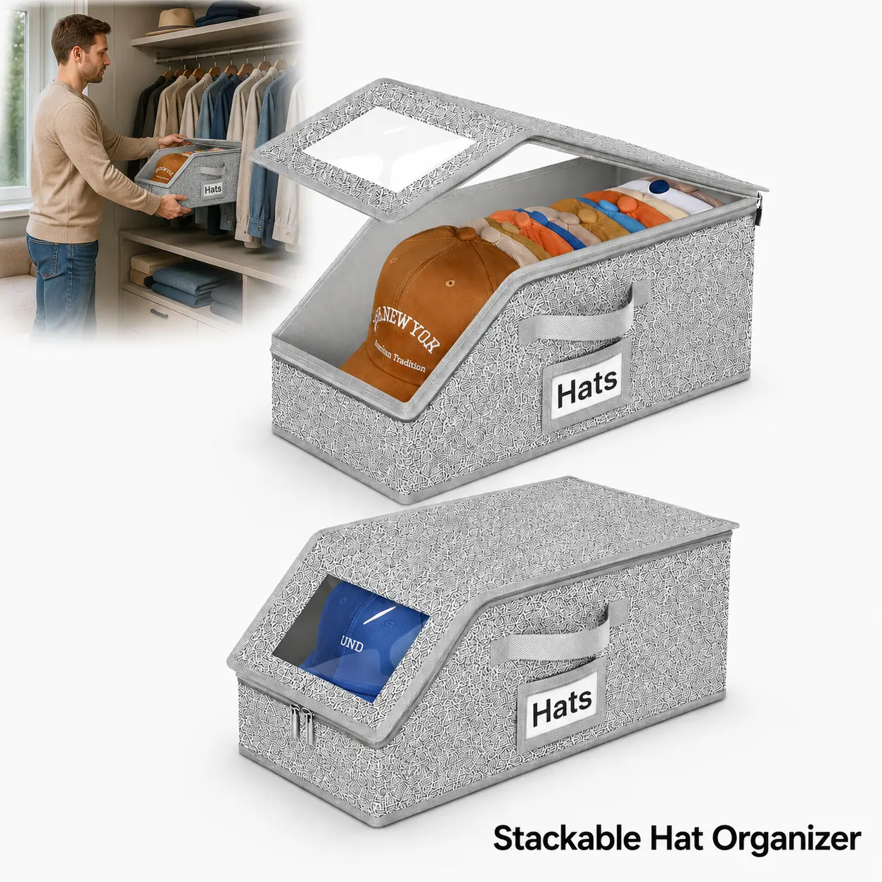 2 Pack 24-Cap Capacity Stackable Foldable Hat Storage Box, for Home Bedroom Hat Collection & Toy Storing, Versatile Cardboard Storage Accessory, Stackable Dustproof Compression-resistant Space-saving Organizer Bin