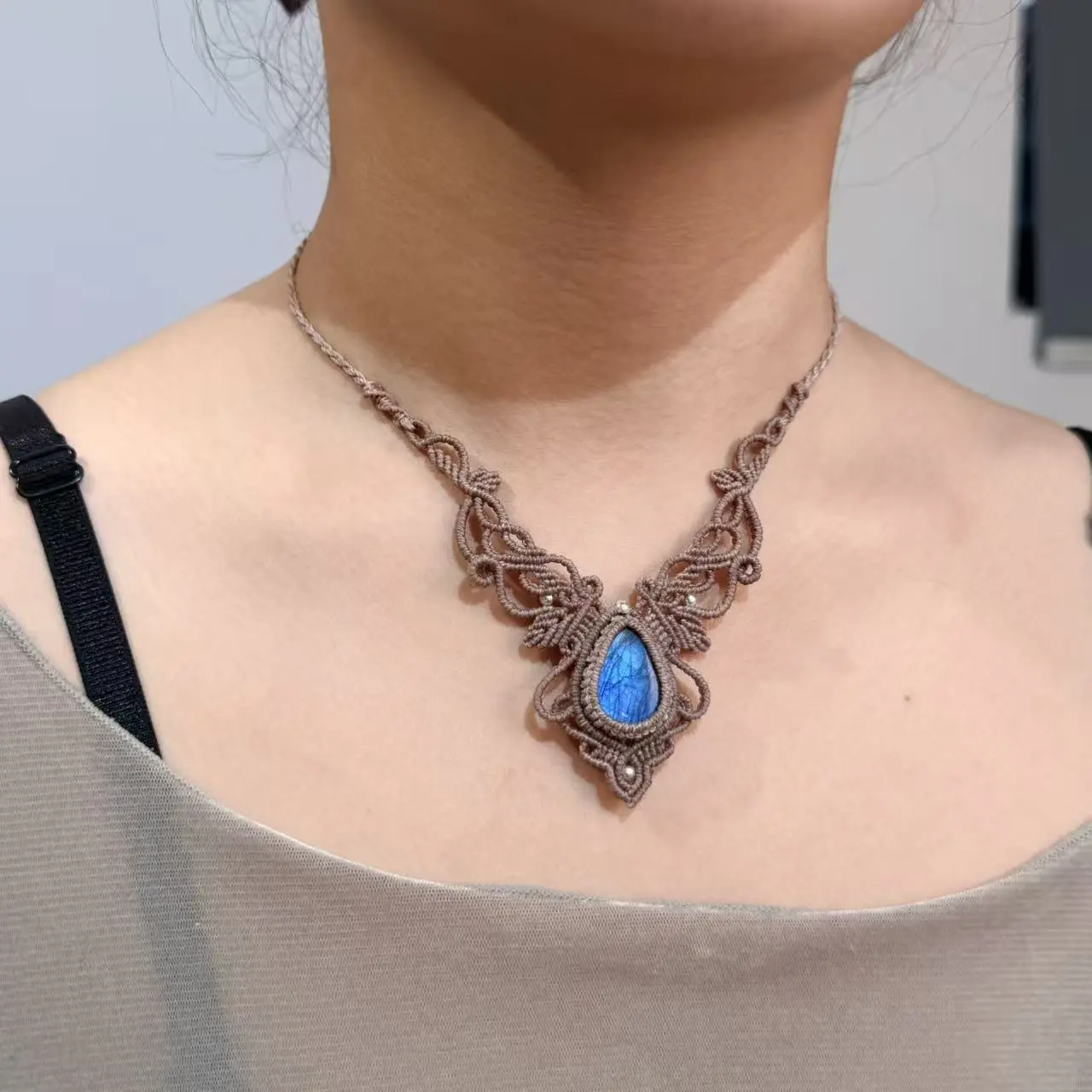 Labradorite Crystal Pendant Necklace - Handcrafted Custom Made Boho Ethnic Minimalist Fashion Jewelry, Made-to-Order Macrame Craft Gift