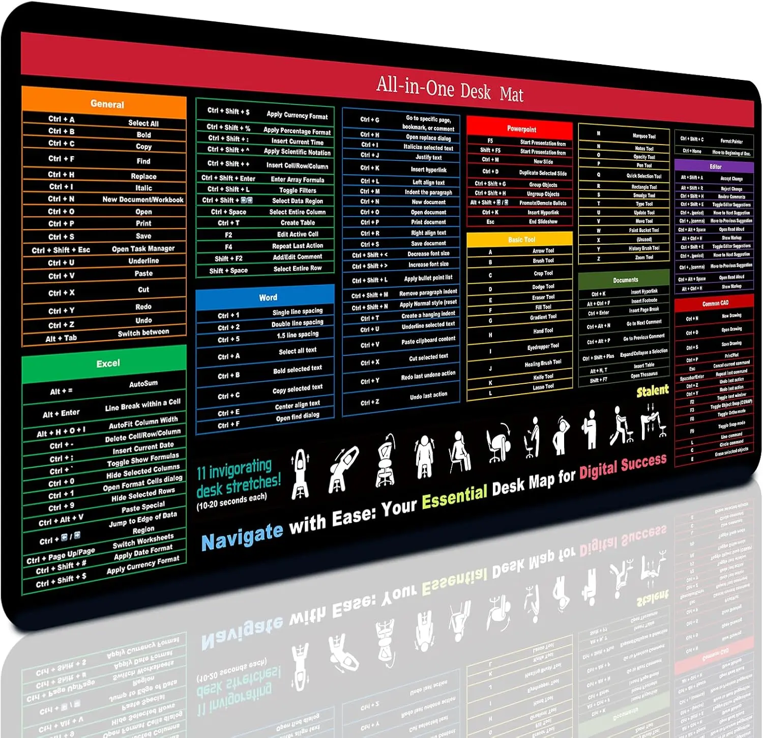 Excel/Word/Power Point/Windows Shortcuts Desk Pad | 35.4x14.7x0.12in, XXL Excel Cheat Sheet Mouse Pad, 200+ Office Shortcuts Mat, Waterproof, Non-Slip, for Office & Gaming
