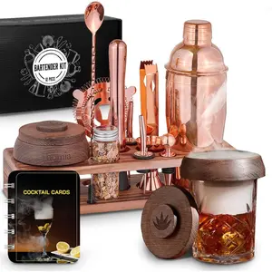 Bartender Kit with   - 13 count, Pine Stand - Bar Set with  Shaker, Bartending Kit with Essential Bar Accessory Tools,  Chips,