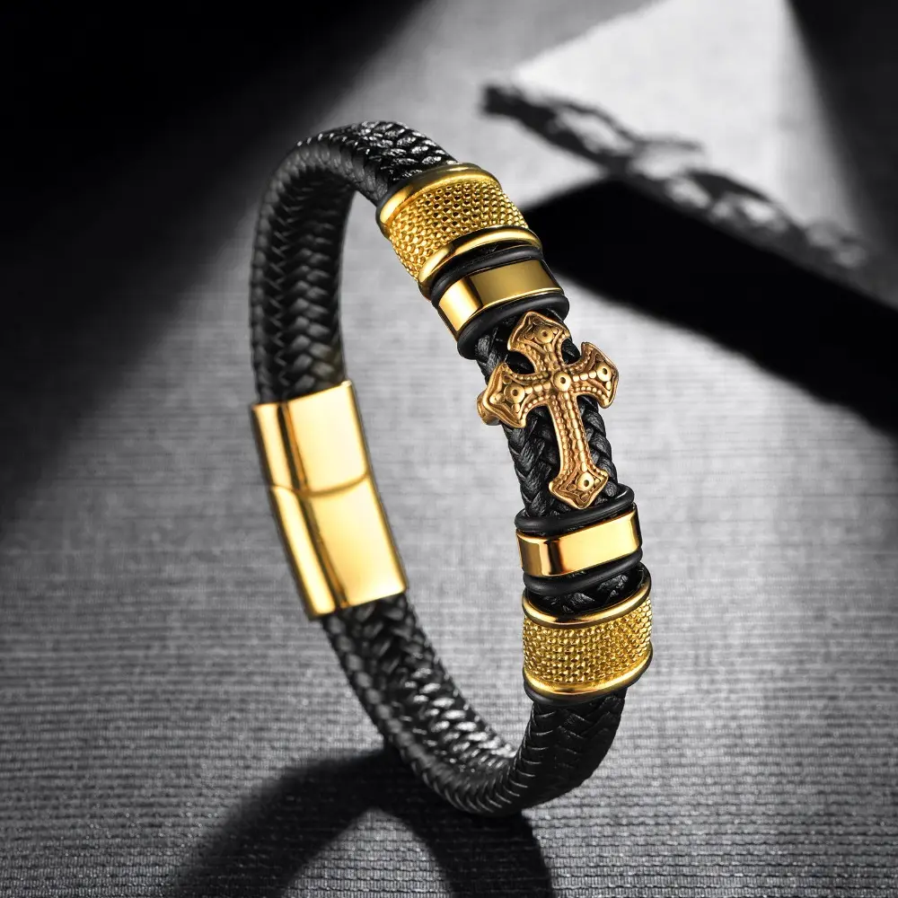 Men's Punk Cross Bracelet with a Handmade Leather and Metal Band, Featuring a Secure Magnetic Buckle, Waterproof Fashionable Bracelets Accessories Gift for Him, Fashionable Bracelet Style