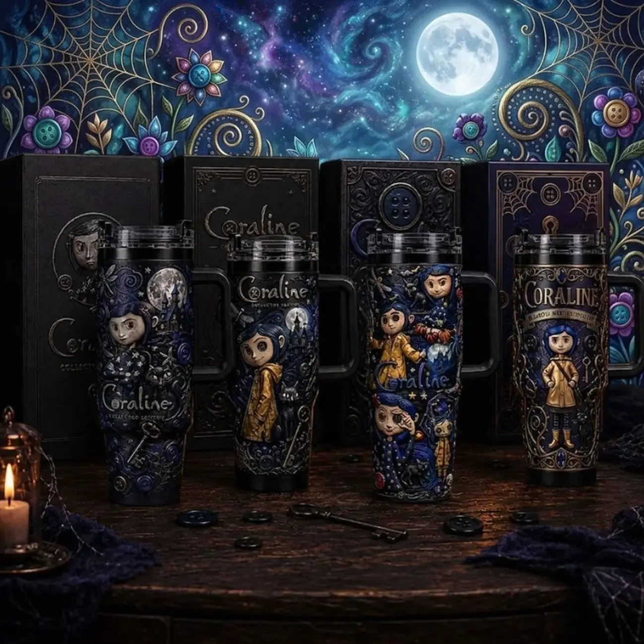 [Collection] Coraline 40oz 30oz 20oz Tumbler, Gothic Button Eyes Fantasy Travel Cup, Other World Inspired Insulated Stainless Steel Mug, Dark Halloween Drinkware, Collector Gift