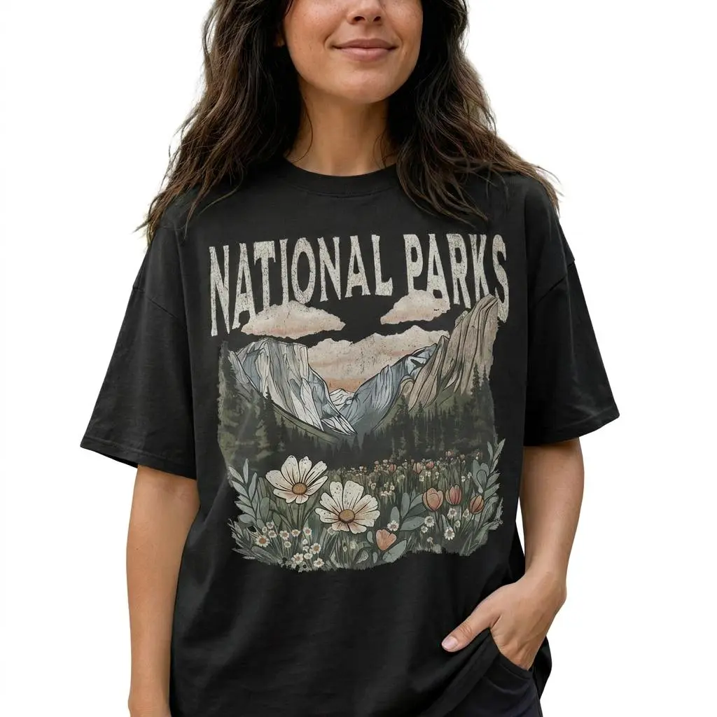 Vintage National Parks Shirt Women Plus Size Mountain Wildflower Graphic Tee