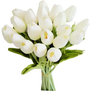 Artificial Tulips 20 Stems White PU Faux Flowers for Valentine's Day and Easter Decorations Wedding Home Decor 13.5 Inch