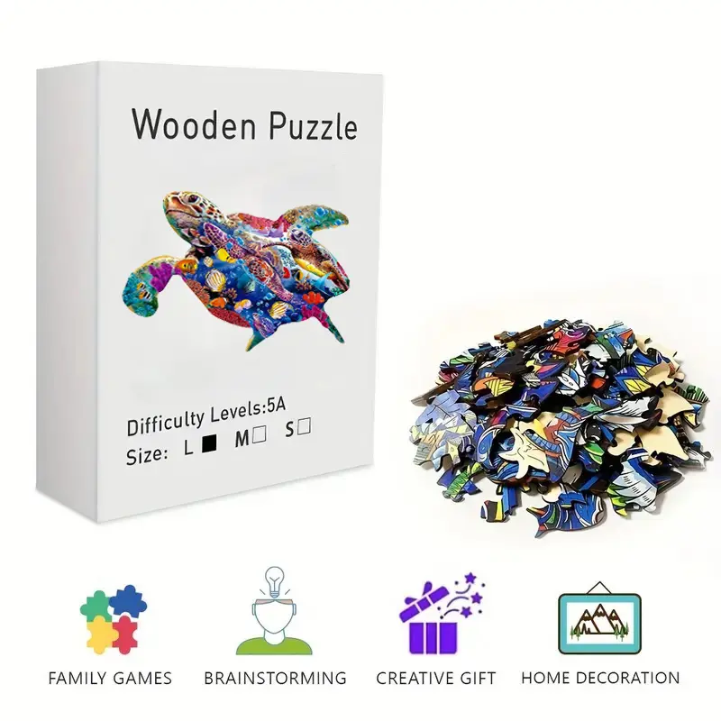 Vibrant Ocean Sea Turtle Wooden Jigsaw Puzzle for Adults & Kids - Challenging Irregular Shaped Pieces, Colorful Underwater Coral Reef Turtle Art Puzzle, Stress Relief Brain Teaser, Framable Wall Art & Home Decor
