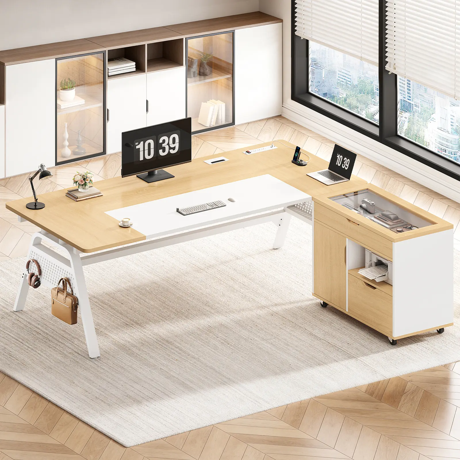 Sedeta 63-Inch Modern Wood Executive Computer PC Desk - Single-Seat Modern Multi-Drawer Smooth-Rolling Computer Workstation, Movable File Cabinet, 4 Hooks, Power Station, Privacy Baffle, Drawer Organizer, Easy Home Office Setup, Single-Seat Computer Works