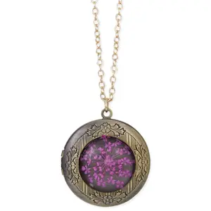 Zad Vintage-Style Pressed Flower Locket Necklace, Purple Dried Flower Charm, Gold-Tone Mixed-Metal Jewelry for Women