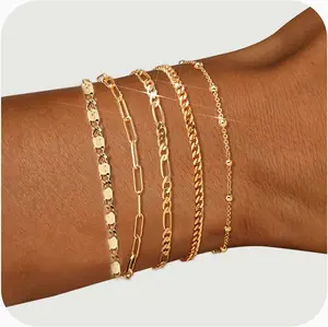 5 Pack Bracelet for Women, 14K Gold Plated Bracelet Stack Set Birthday Gift for Women