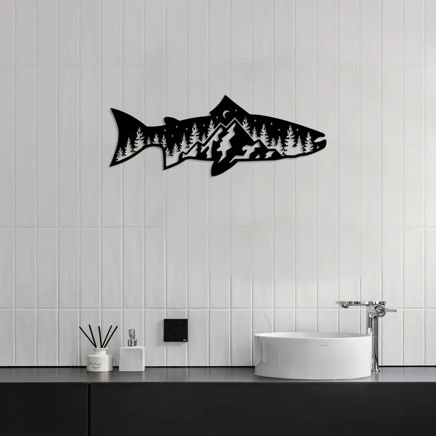 Unique Mountain Forest Metal Wall Art Fish Shape Wall Decor For Home Modern Wall Decor Wall Art Decor Sticker Mural Room De Decoration