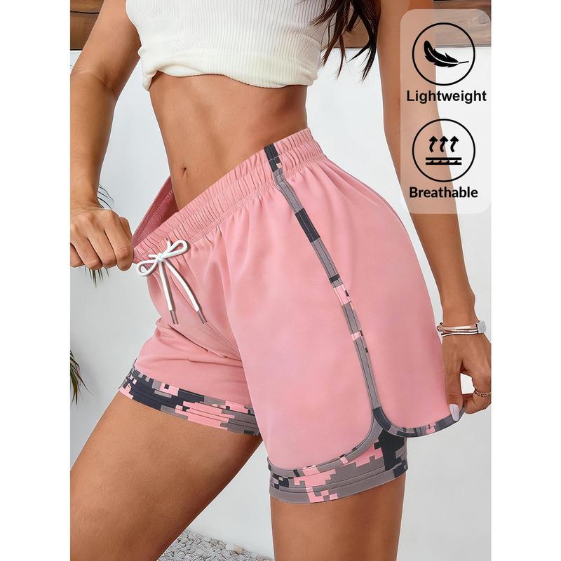 Women's 2-in-1 Camouflage Nylon-Polyester Synthetics Running Shorts - Casual Regular Fit Activewear with Elastic Waist Drawstring, Breathable, Anti-Chafing, Size M, Cold Wash Only, No Dry Clean