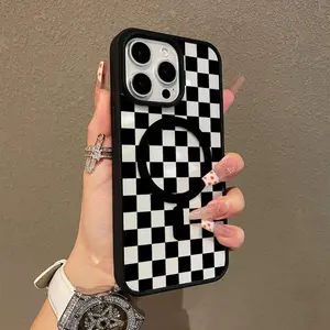 Black Checkerboard Pattern Premium Magnetic Phone Case for iPhone17 Pro Max, Air 16 15 14 Pro Max 13 12 11 Plus Smartphone Shockproof Protection Acrylic Cover Phone Protection Magnetic Case Aesthetic Resistance Case